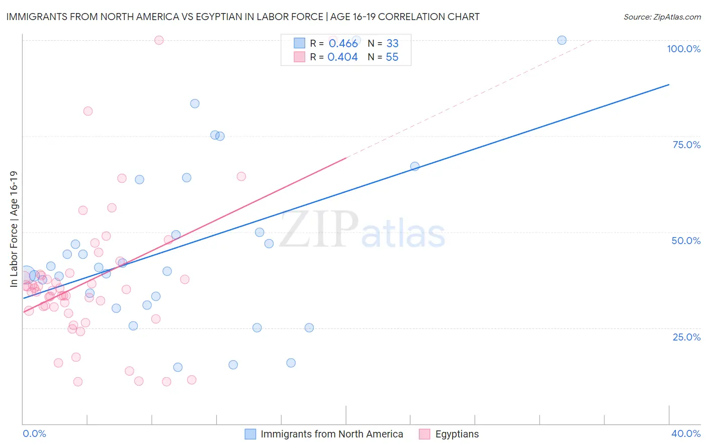 Immigrants from North America vs Egyptian In Labor Force | Age 16-19