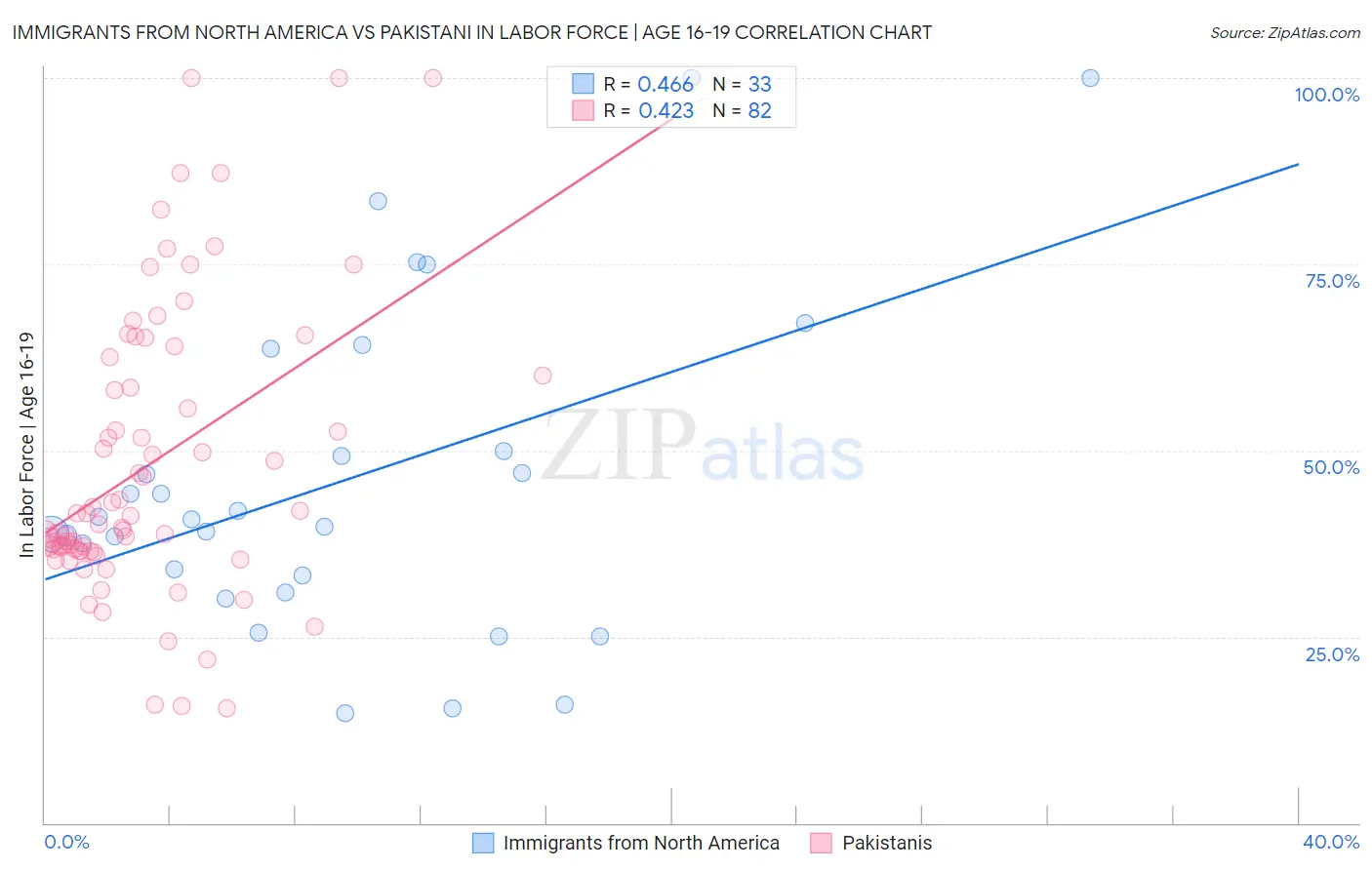Immigrants from North America vs Pakistani In Labor Force | Age 16-19