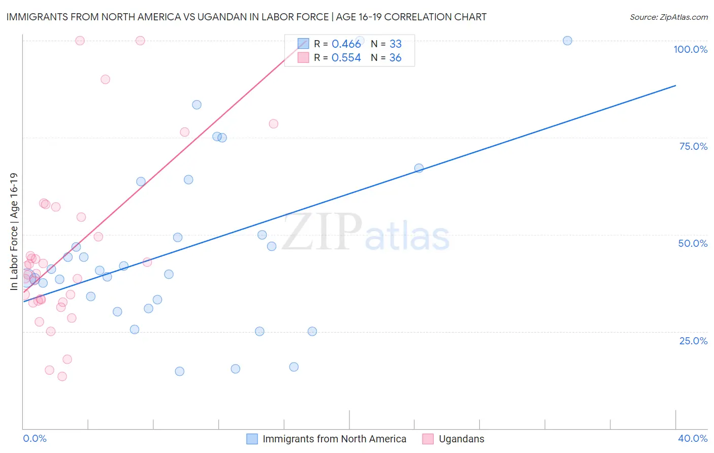 Immigrants from North America vs Ugandan In Labor Force | Age 16-19