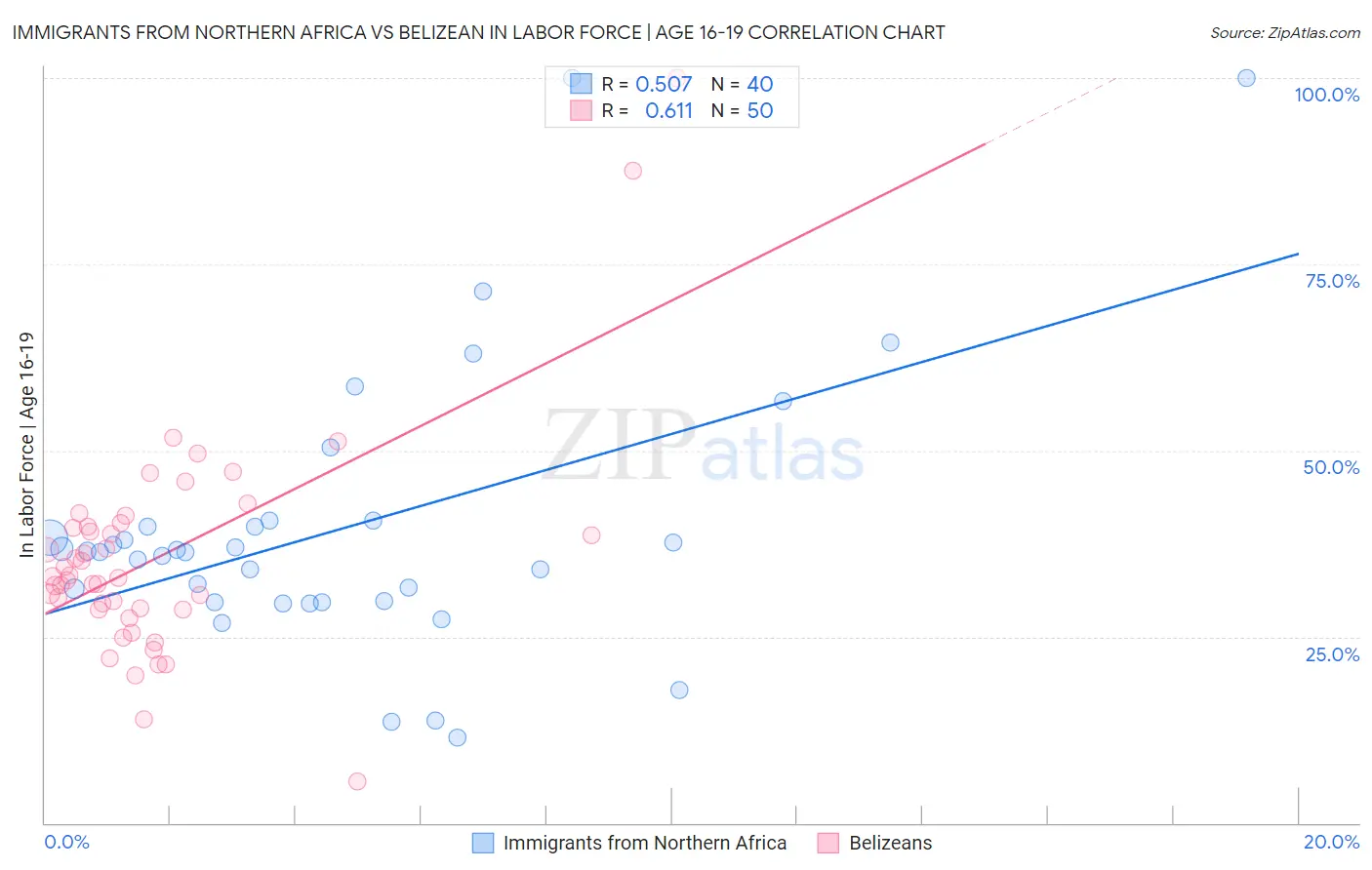 Immigrants from Northern Africa vs Belizean In Labor Force | Age 16-19