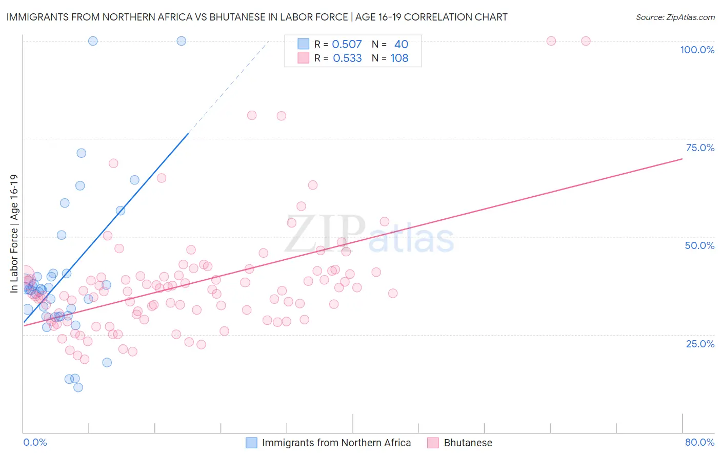 Immigrants from Northern Africa vs Bhutanese In Labor Force | Age 16-19