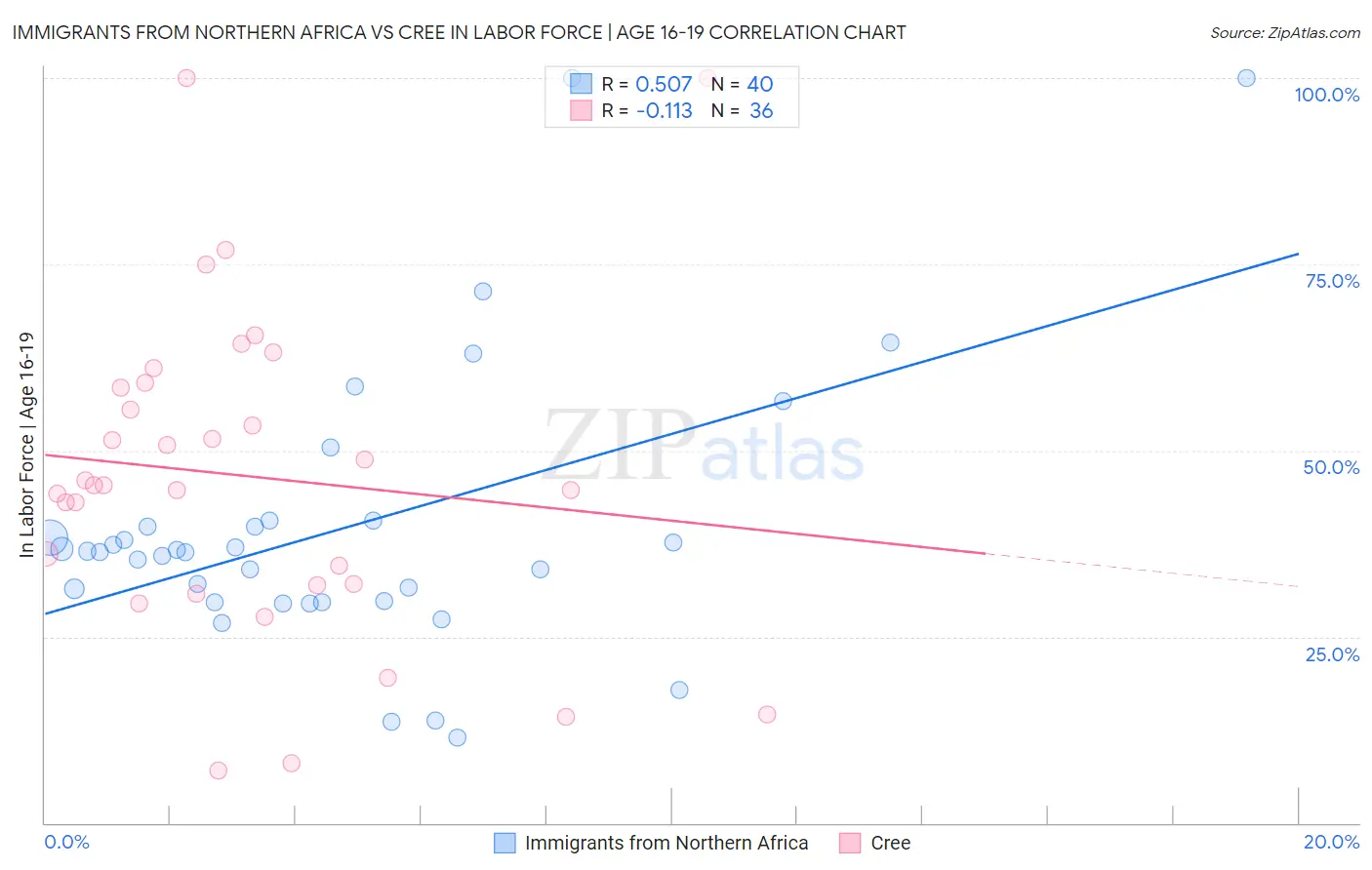 Immigrants from Northern Africa vs Cree In Labor Force | Age 16-19