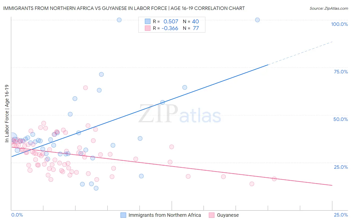 Immigrants from Northern Africa vs Guyanese In Labor Force | Age 16-19