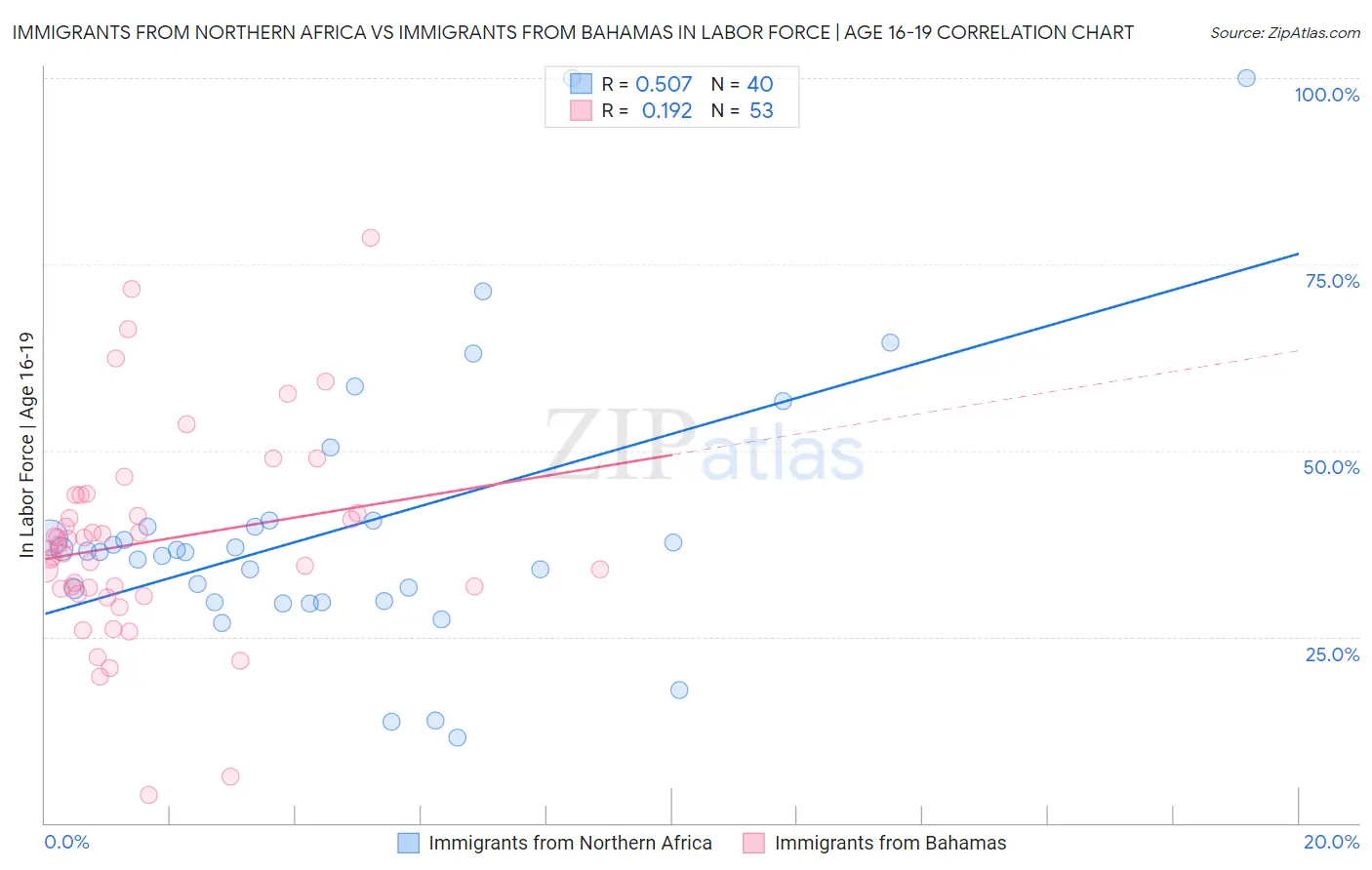 Immigrants from Northern Africa vs Immigrants from Bahamas In Labor Force | Age 16-19