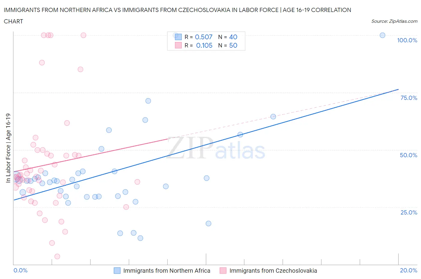 Immigrants from Northern Africa vs Immigrants from Czechoslovakia In Labor Force | Age 16-19