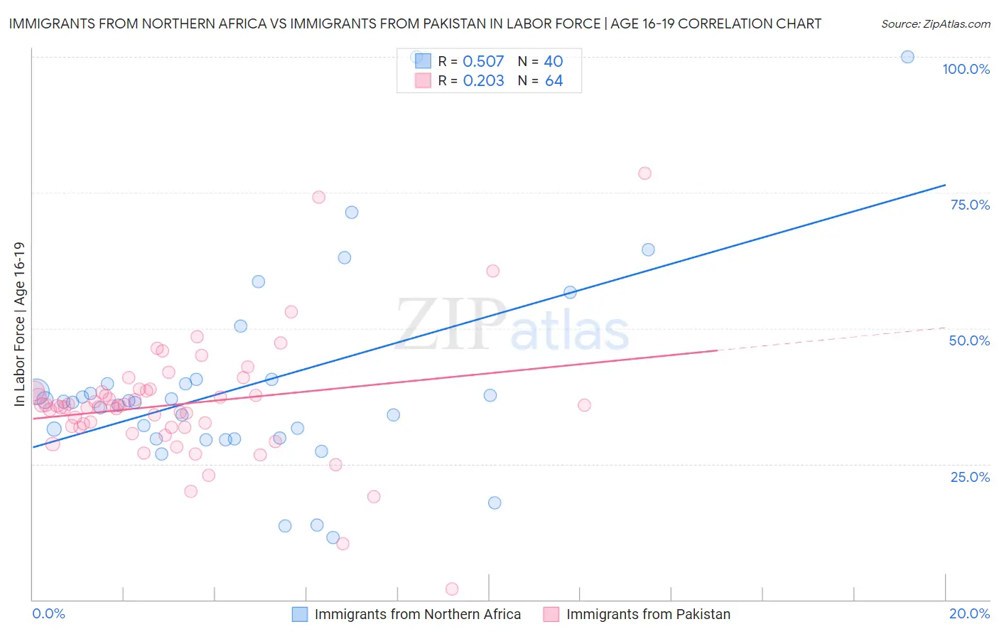 Immigrants from Northern Africa vs Immigrants from Pakistan In Labor Force | Age 16-19