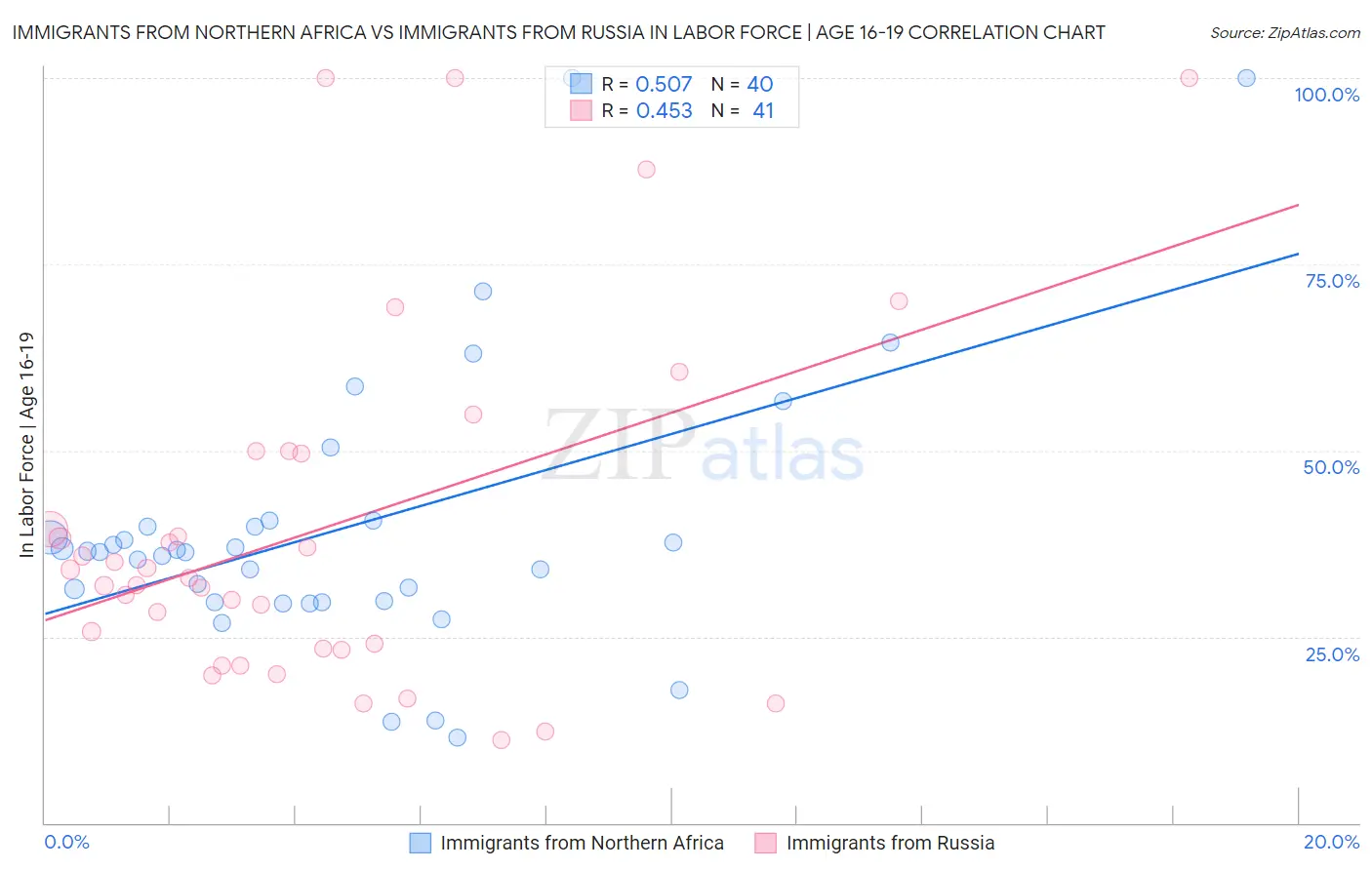 Immigrants from Northern Africa vs Immigrants from Russia In Labor Force | Age 16-19