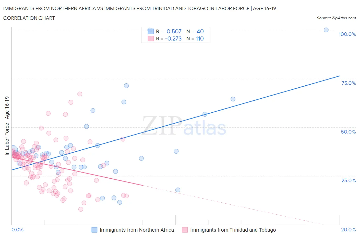 Immigrants from Northern Africa vs Immigrants from Trinidad and Tobago In Labor Force | Age 16-19