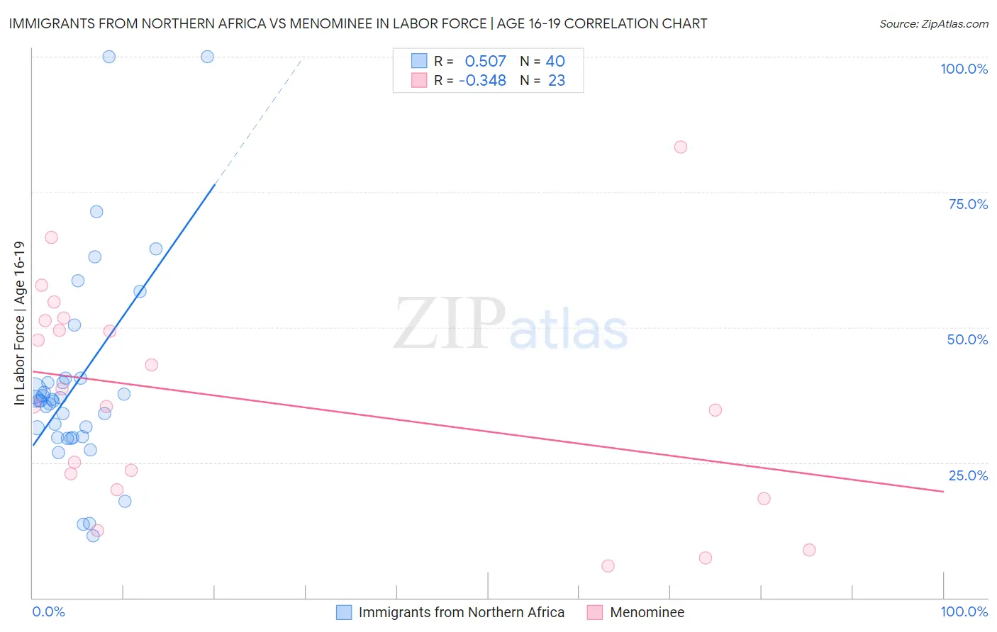 Immigrants from Northern Africa vs Menominee In Labor Force | Age 16-19