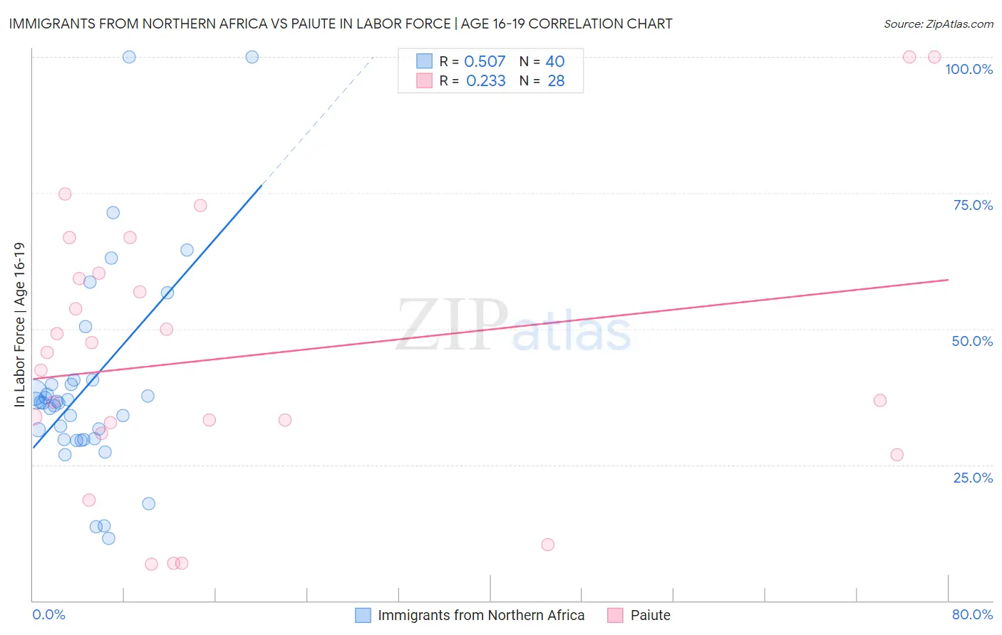 Immigrants from Northern Africa vs Paiute In Labor Force | Age 16-19