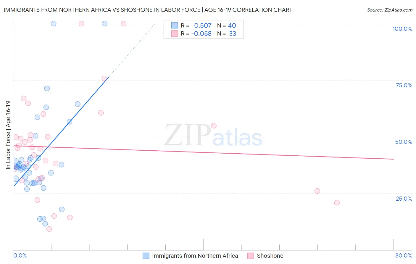 Immigrants from Northern Africa vs Shoshone In Labor Force | Age 16-19