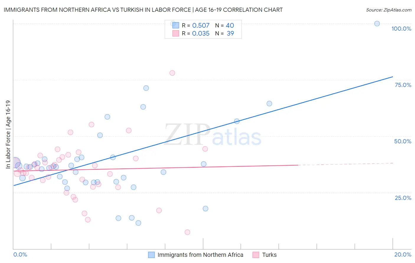 Immigrants from Northern Africa vs Turkish In Labor Force | Age 16-19