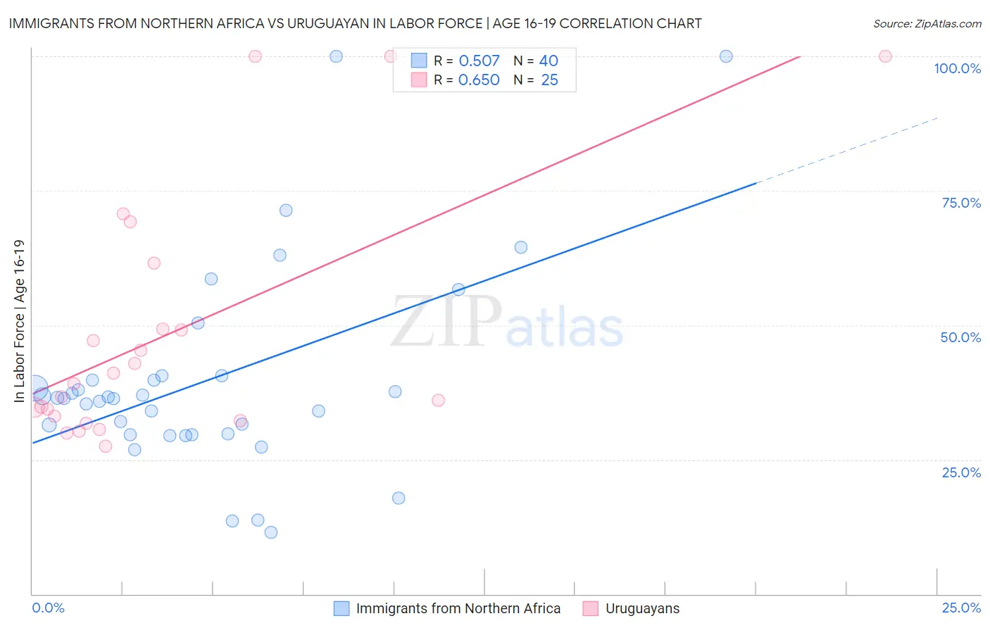 Immigrants from Northern Africa vs Uruguayan In Labor Force | Age 16-19