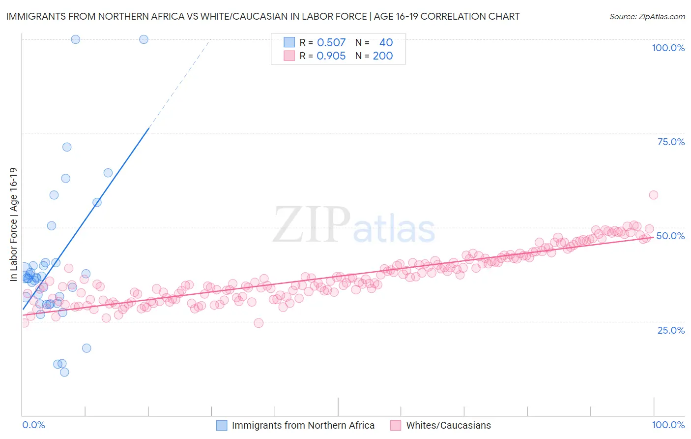 Immigrants from Northern Africa vs White/Caucasian In Labor Force | Age 16-19