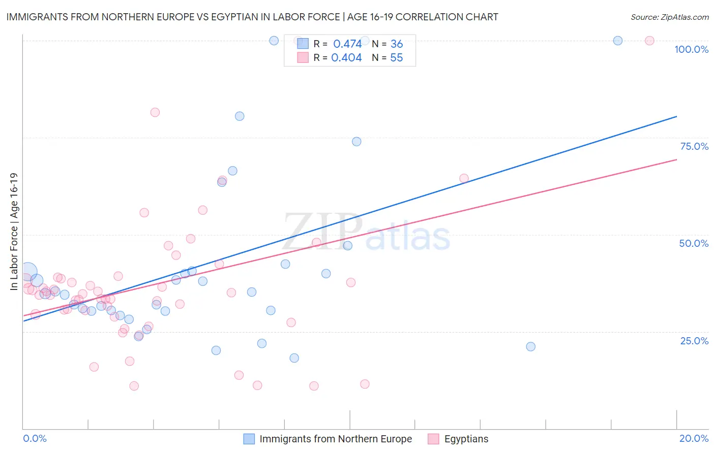 Immigrants from Northern Europe vs Egyptian In Labor Force | Age 16-19