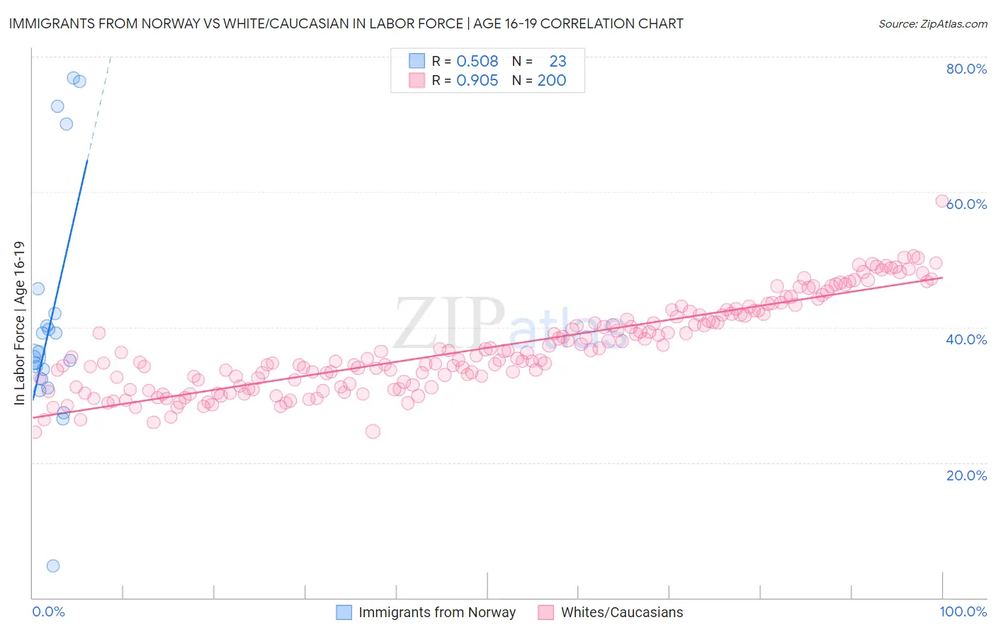 Immigrants from Norway vs White/Caucasian In Labor Force | Age 16-19