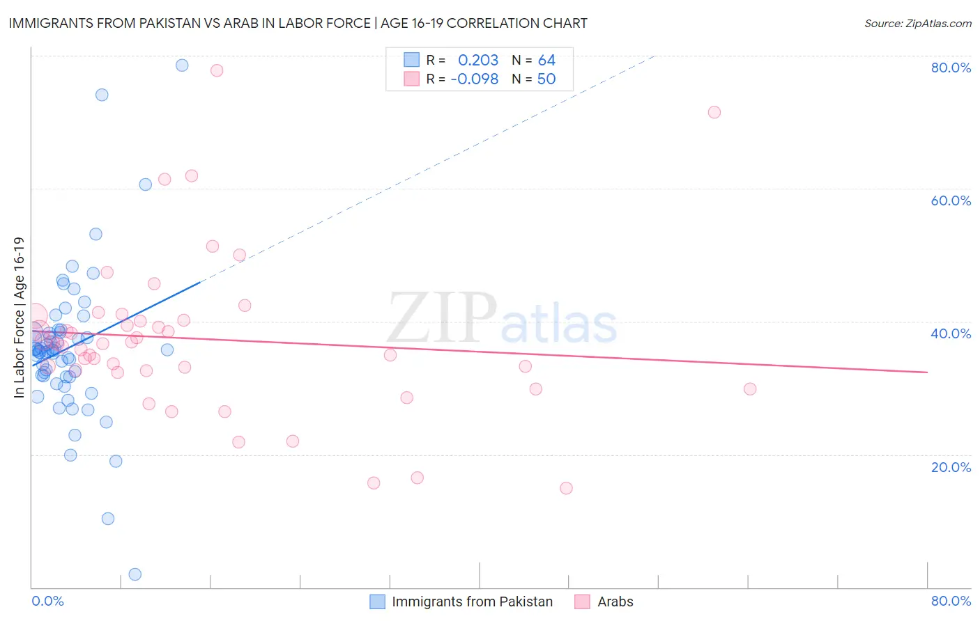 Immigrants from Pakistan vs Arab In Labor Force | Age 16-19