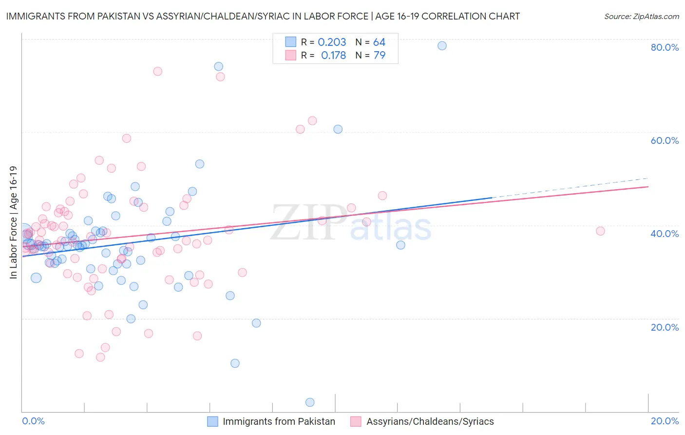 Immigrants from Pakistan vs Assyrian/Chaldean/Syriac In Labor Force | Age 16-19