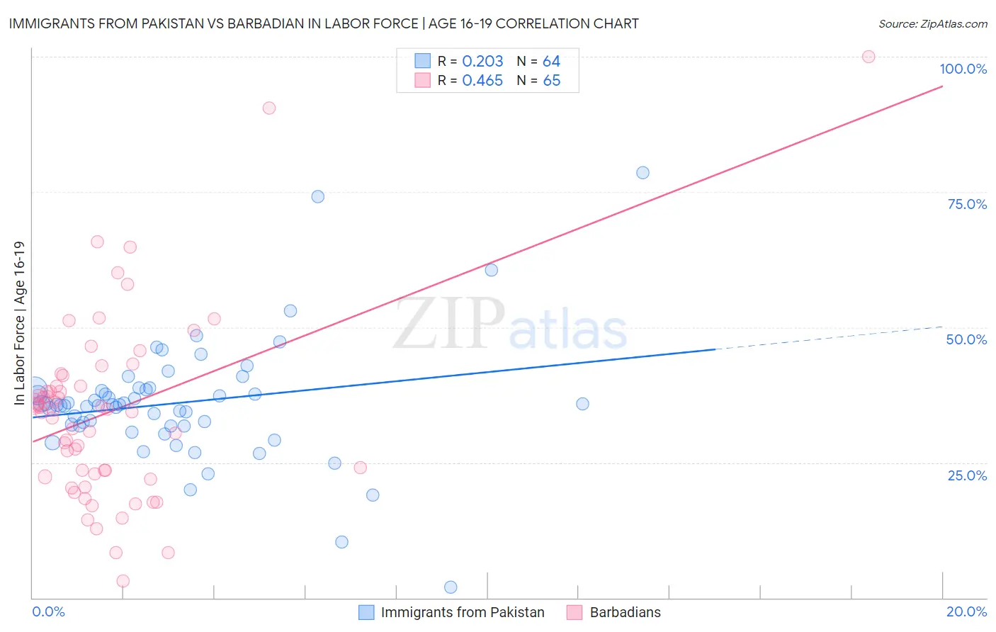 Immigrants from Pakistan vs Barbadian In Labor Force | Age 16-19