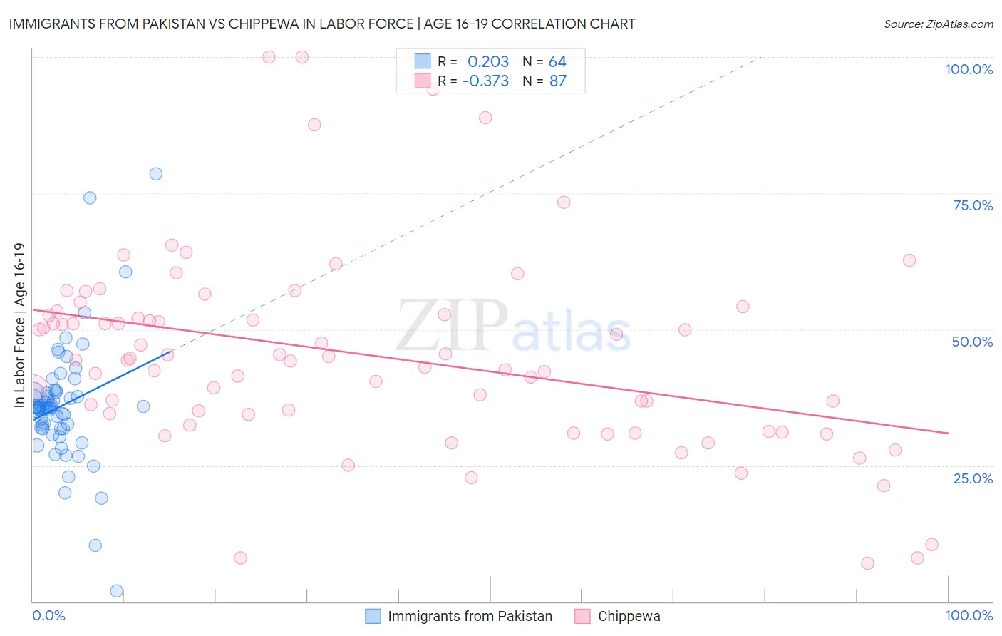 Immigrants from Pakistan vs Chippewa In Labor Force | Age 16-19