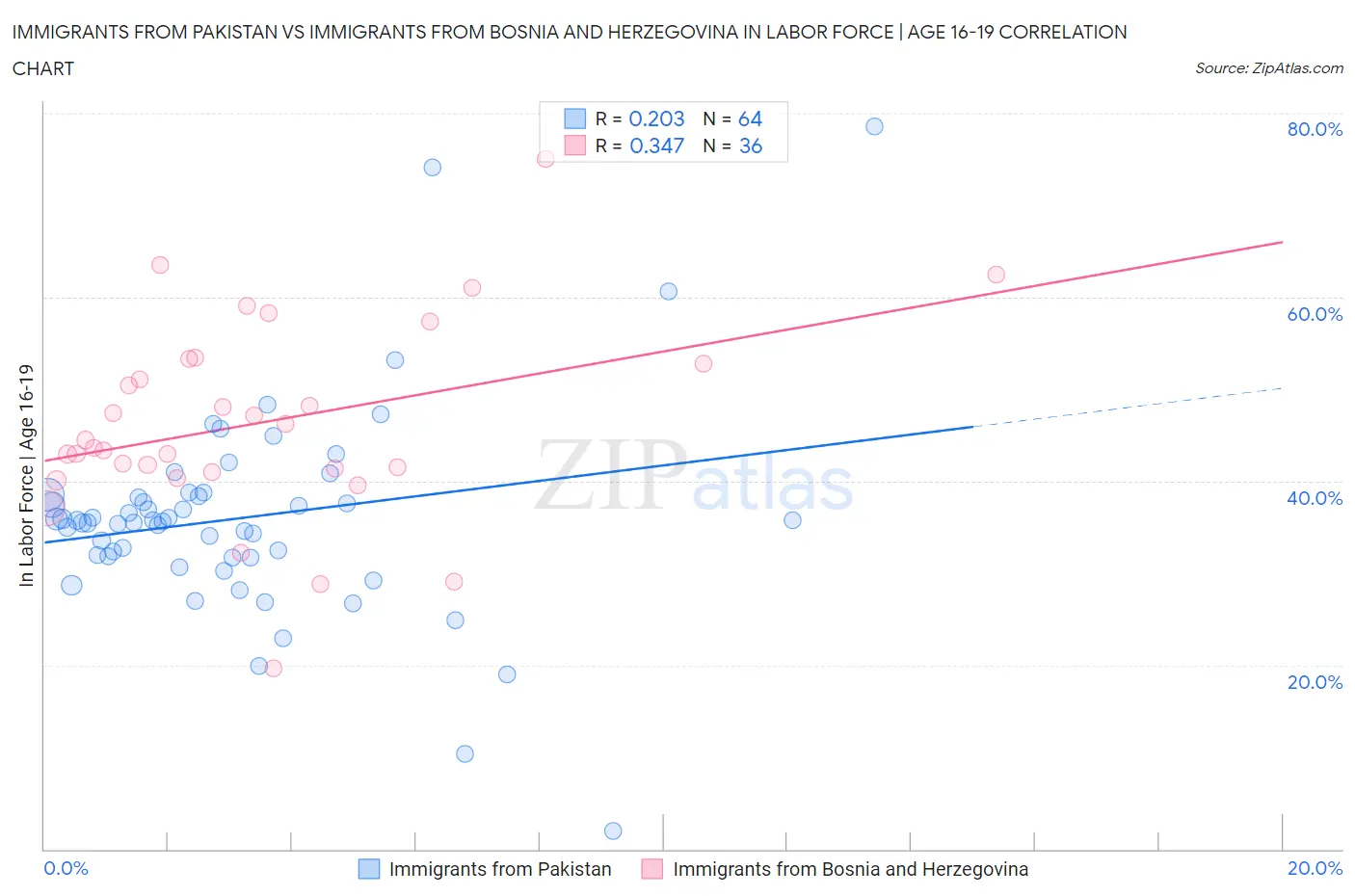 Immigrants from Pakistan vs Immigrants from Bosnia and Herzegovina In Labor Force | Age 16-19