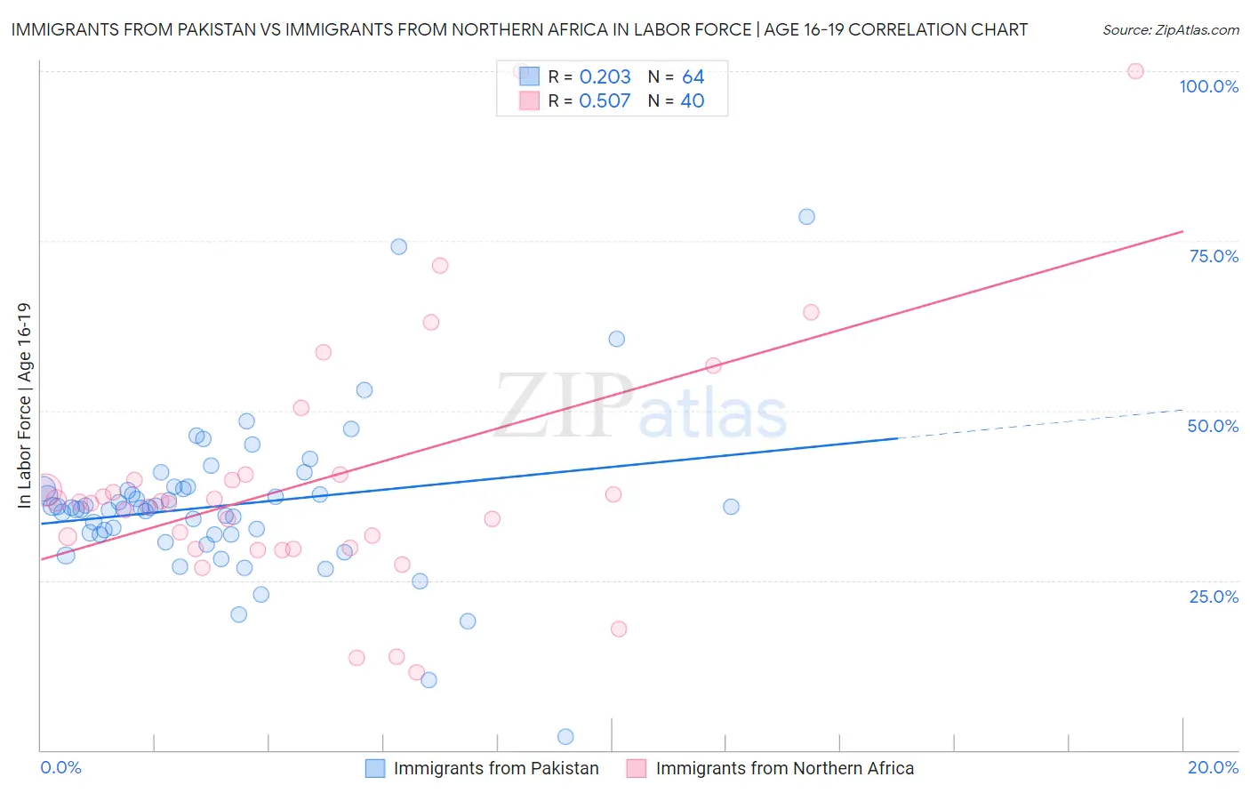 Immigrants from Pakistan vs Immigrants from Northern Africa In Labor Force | Age 16-19