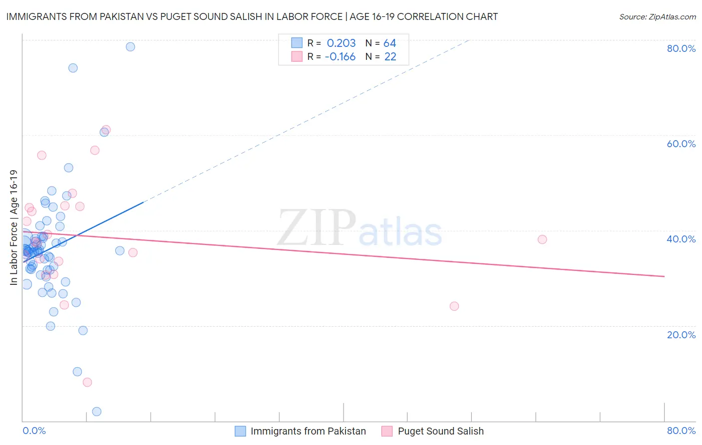 Immigrants from Pakistan vs Puget Sound Salish In Labor Force | Age 16-19