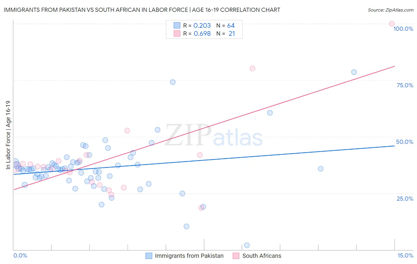 Immigrants from Pakistan vs South African In Labor Force | Age 16-19