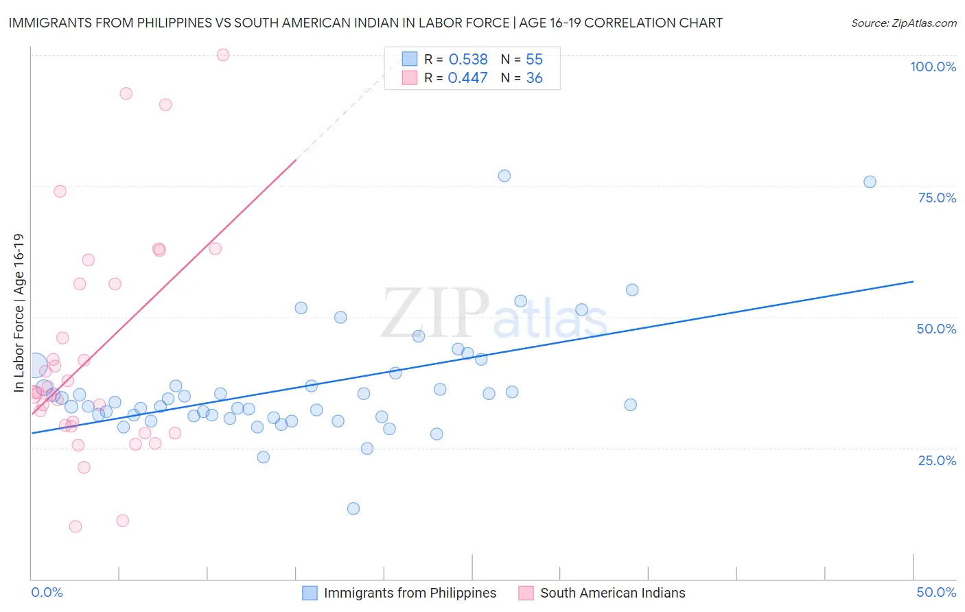 Immigrants from Philippines vs South American Indian In Labor Force | Age 16-19