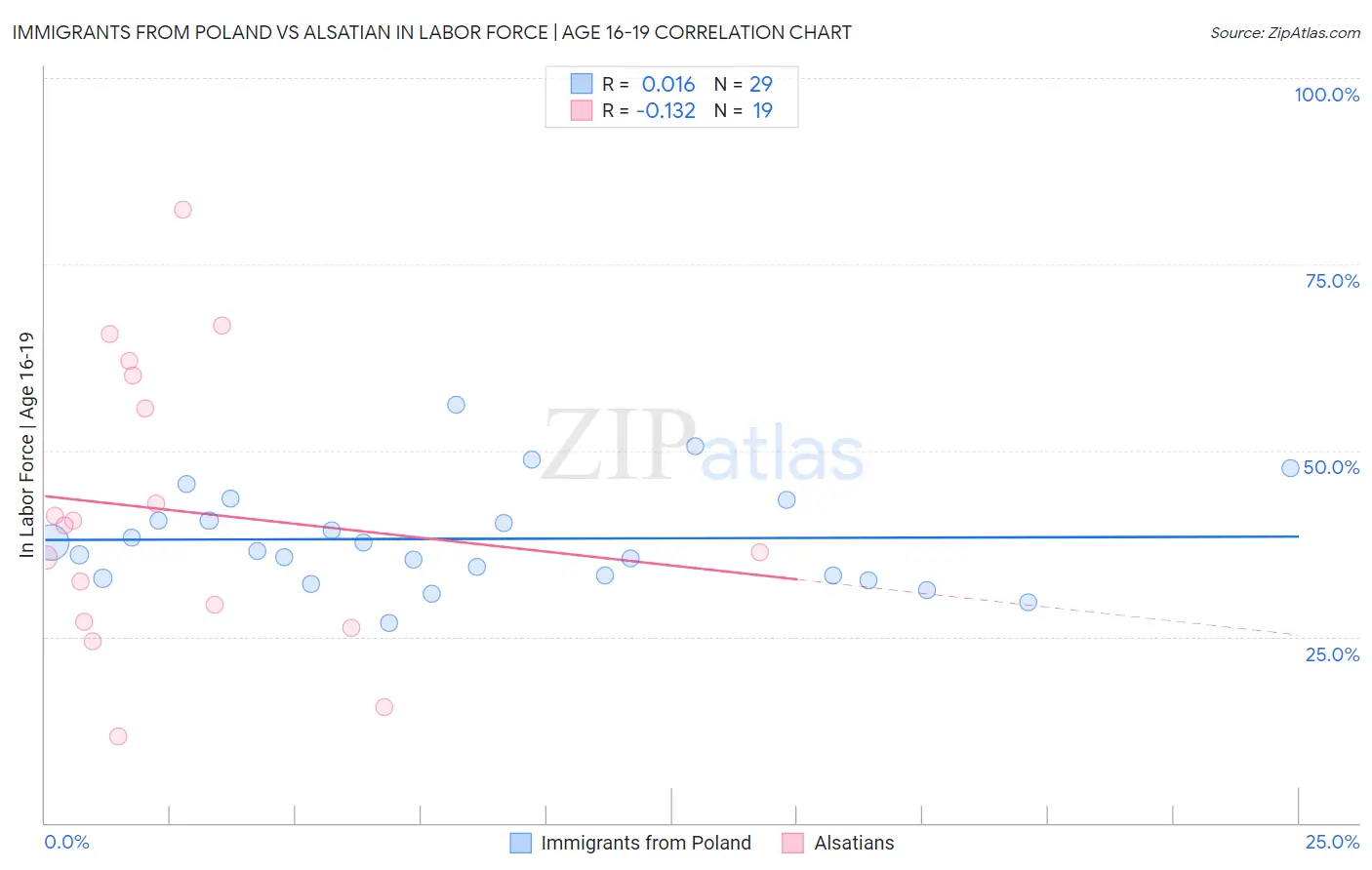 Immigrants from Poland vs Alsatian In Labor Force | Age 16-19