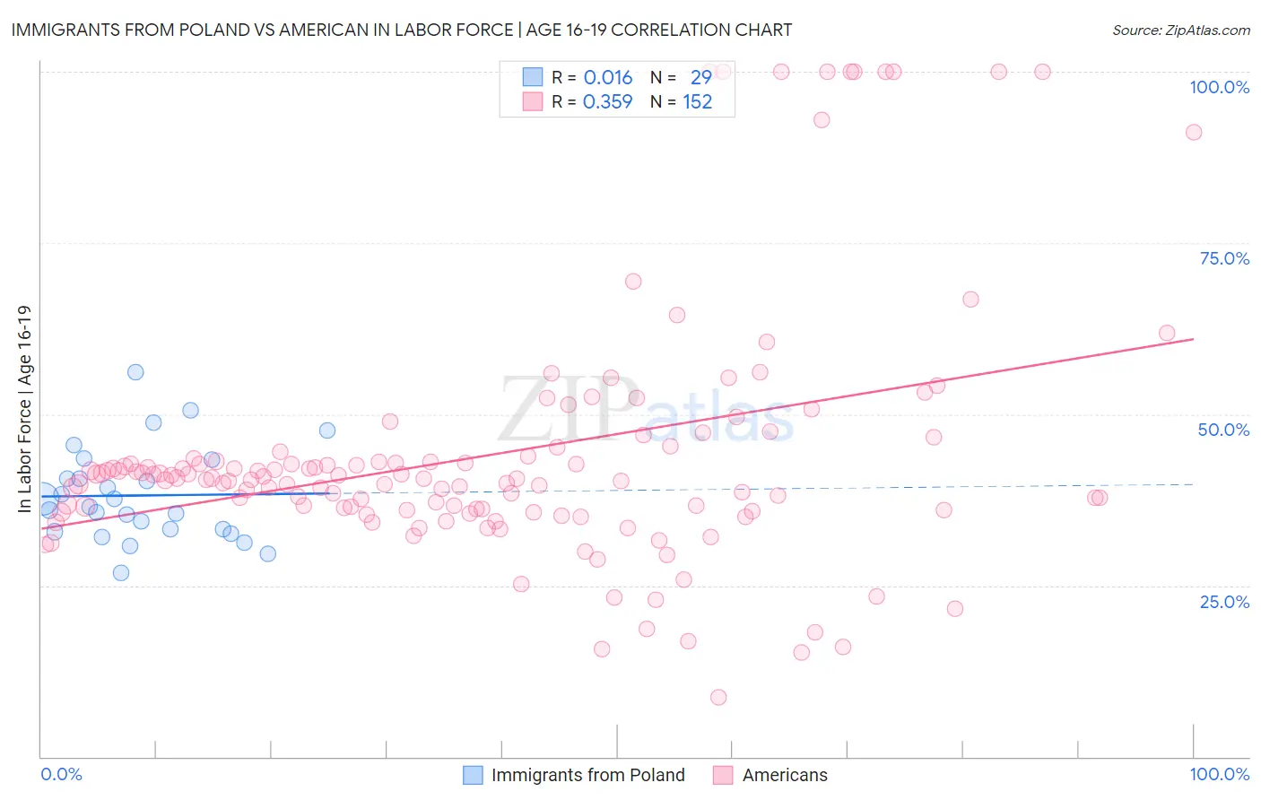 Immigrants from Poland vs American In Labor Force | Age 16-19