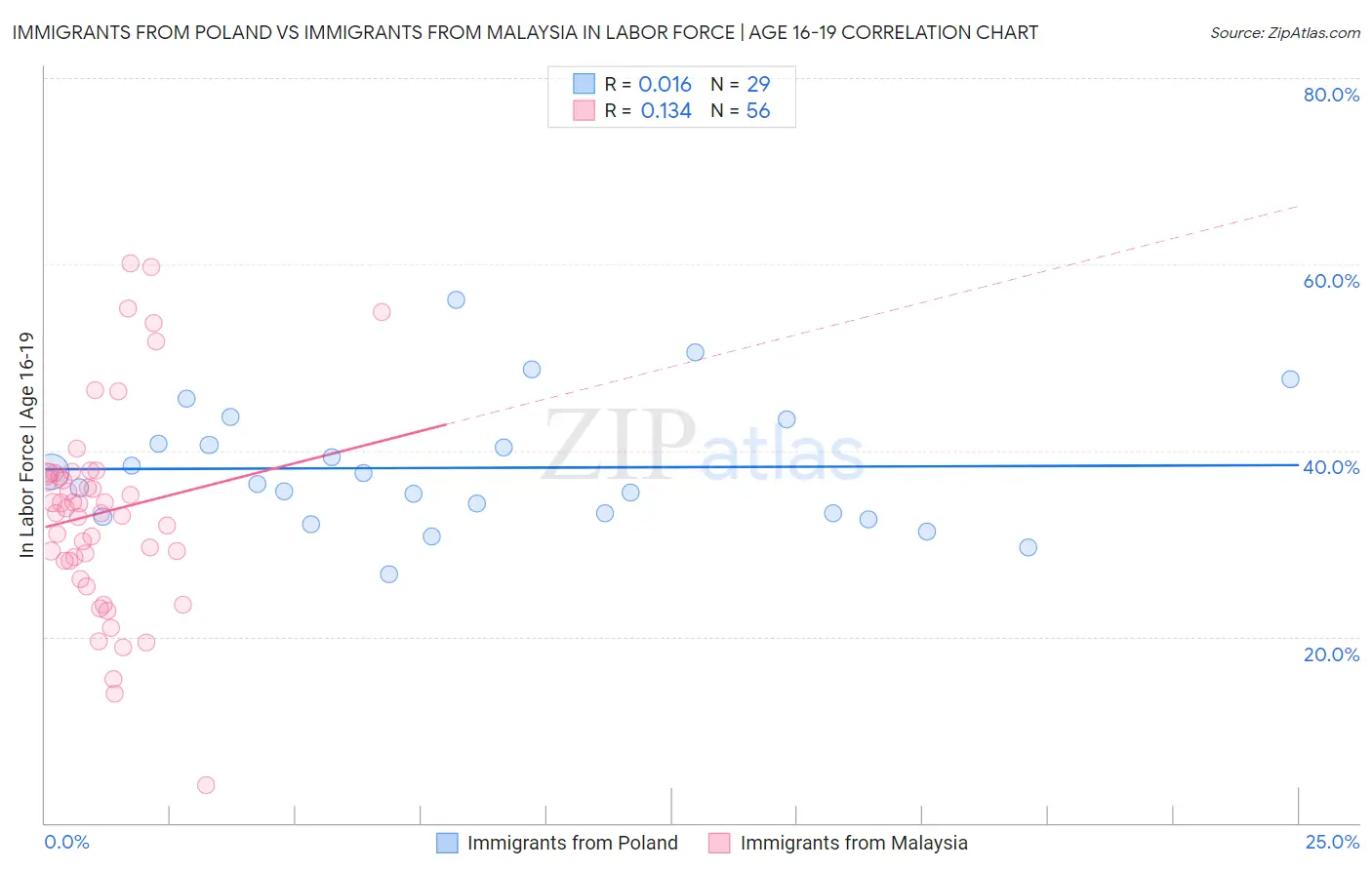 Immigrants from Poland vs Immigrants from Malaysia In Labor Force | Age 16-19