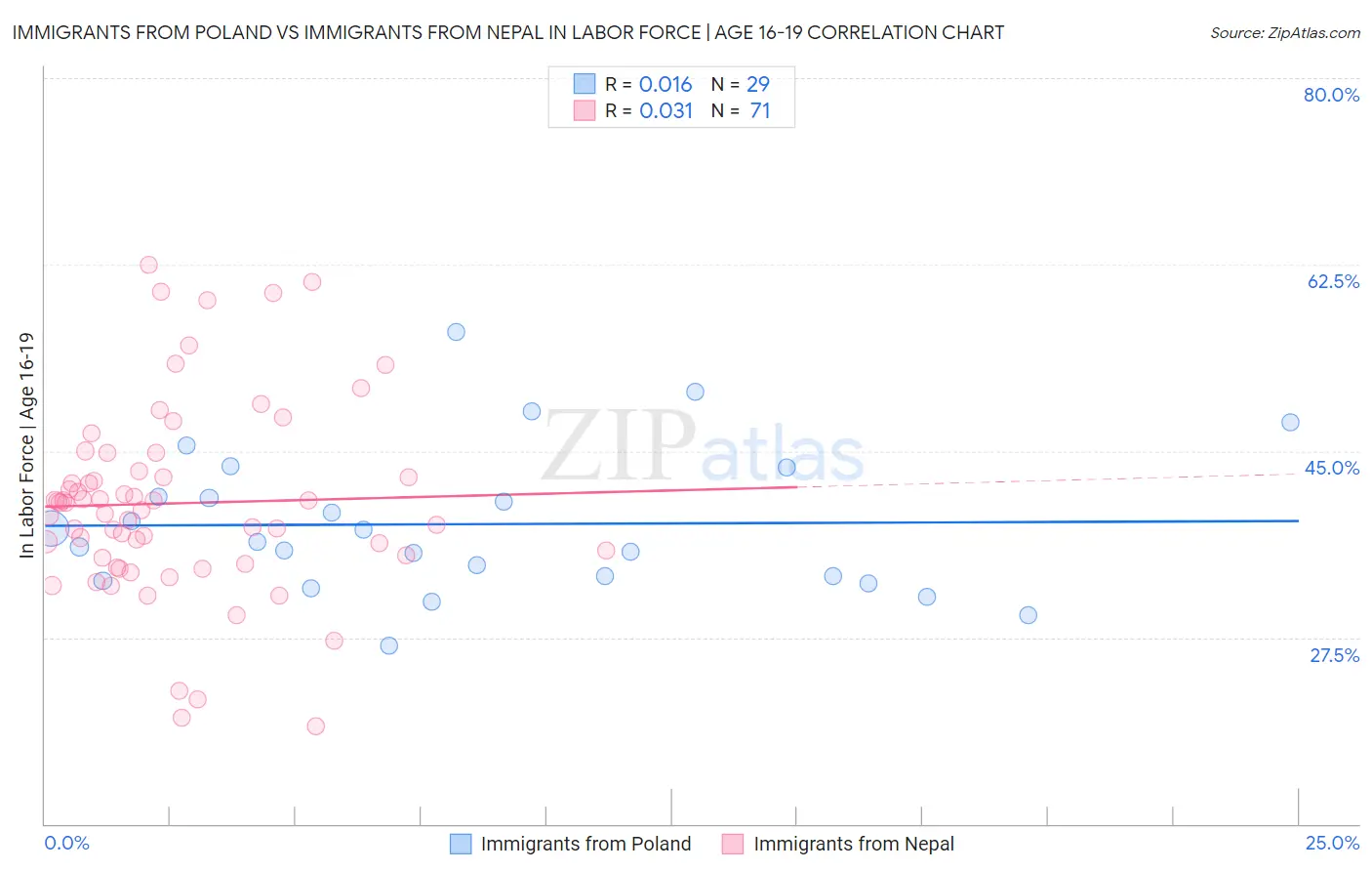 Immigrants from Poland vs Immigrants from Nepal In Labor Force | Age 16-19