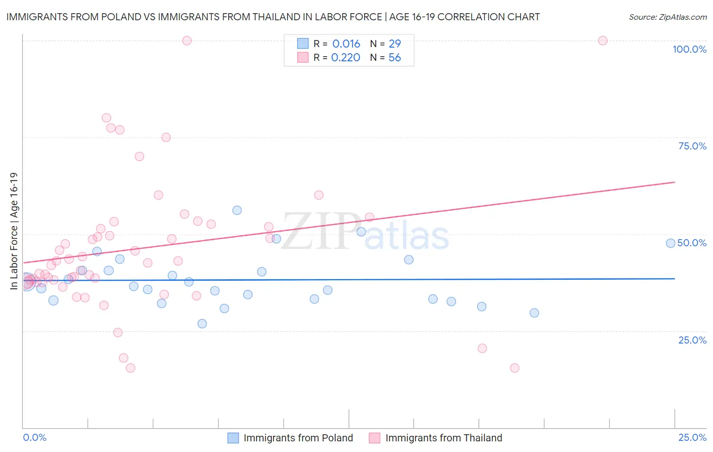 Immigrants from Poland vs Immigrants from Thailand In Labor Force | Age 16-19