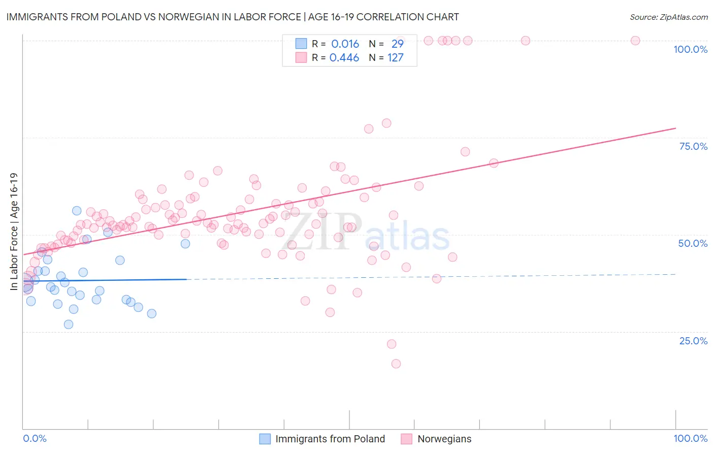 Immigrants from Poland vs Norwegian In Labor Force | Age 16-19