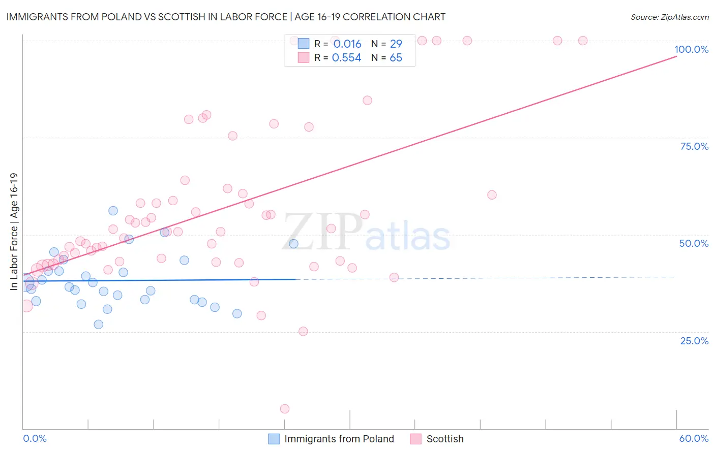 Immigrants from Poland vs Scottish In Labor Force | Age 16-19