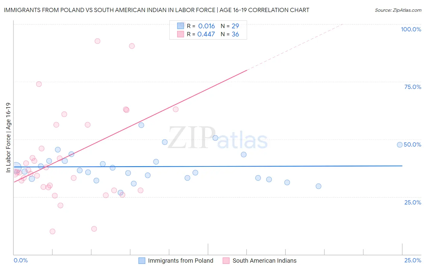 Immigrants from Poland vs South American Indian In Labor Force | Age 16-19