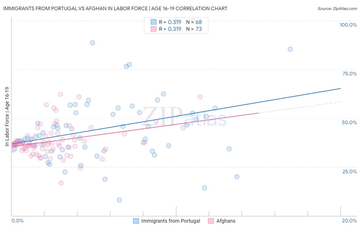 Immigrants from Portugal vs Afghan In Labor Force | Age 16-19