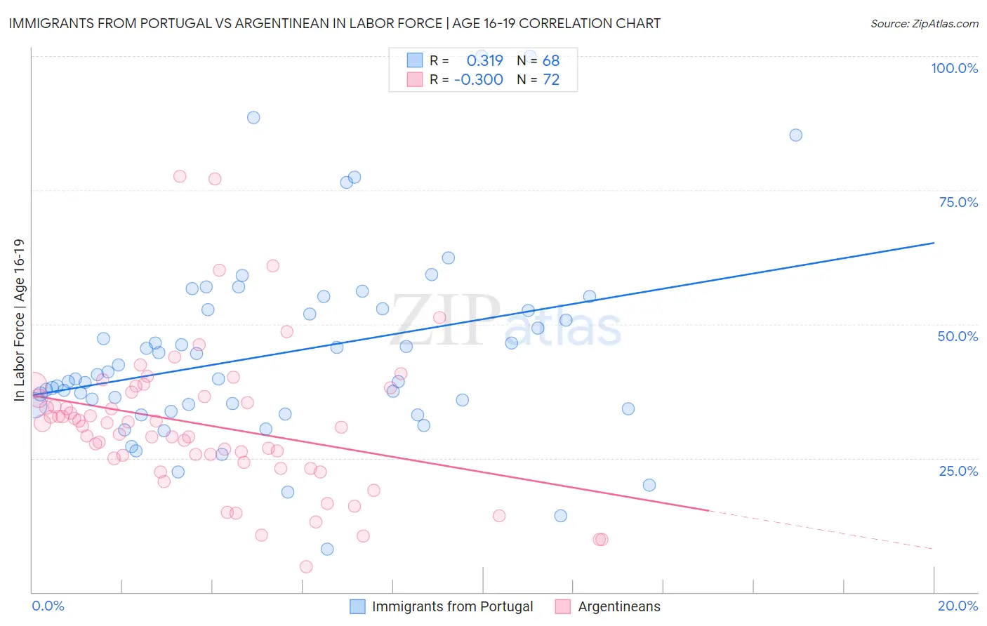 Immigrants from Portugal vs Argentinean In Labor Force | Age 16-19