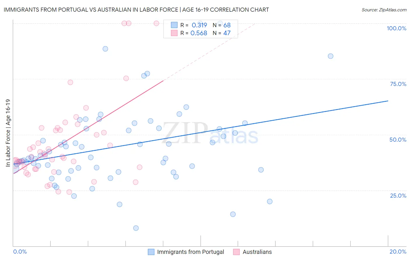 Immigrants from Portugal vs Australian In Labor Force | Age 16-19