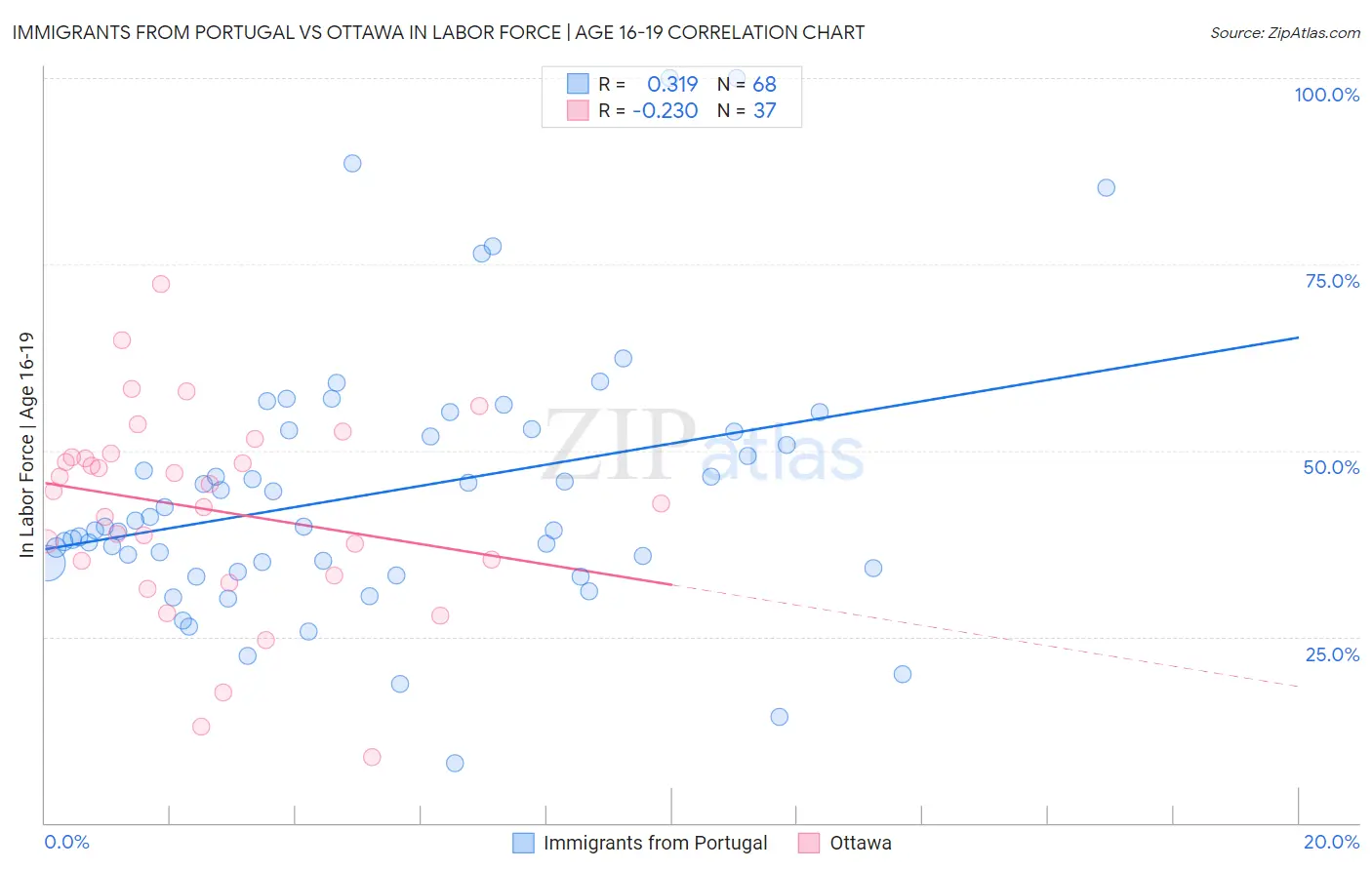 Immigrants from Portugal vs Ottawa In Labor Force | Age 16-19