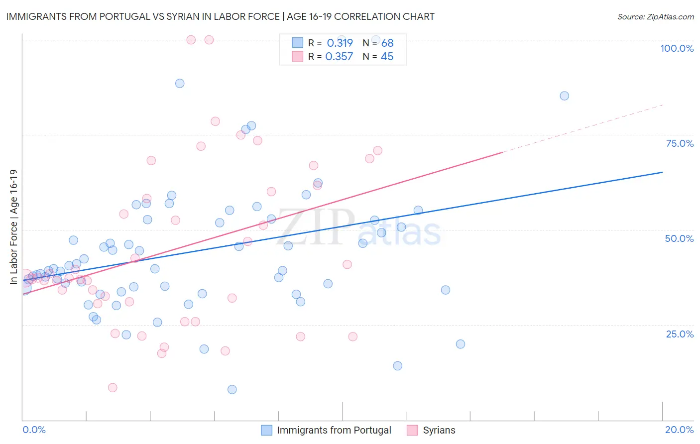 Immigrants from Portugal vs Syrian In Labor Force | Age 16-19