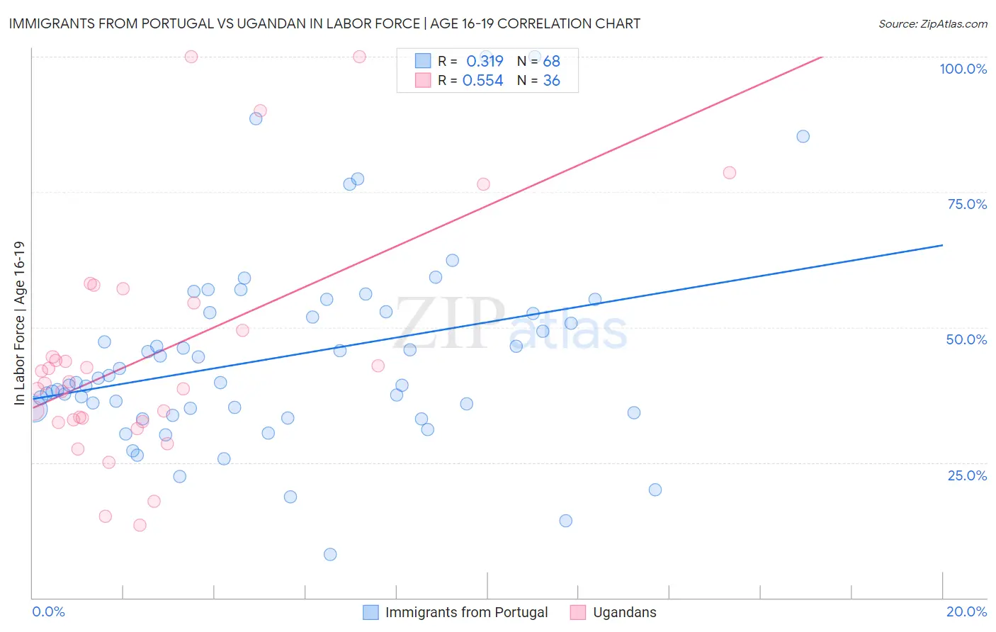Immigrants from Portugal vs Ugandan In Labor Force | Age 16-19