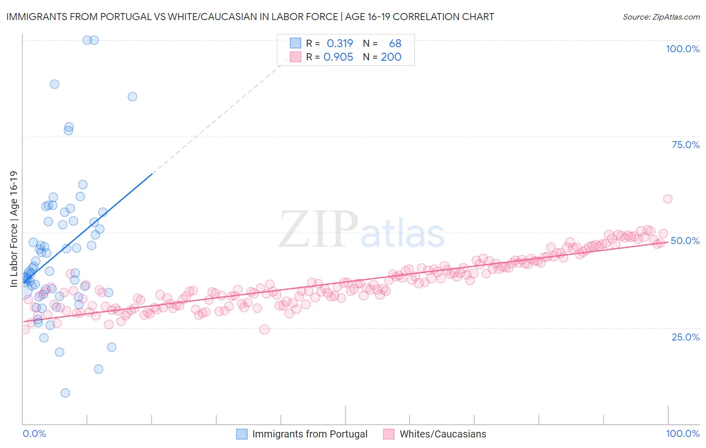 Immigrants from Portugal vs White/Caucasian In Labor Force | Age 16-19