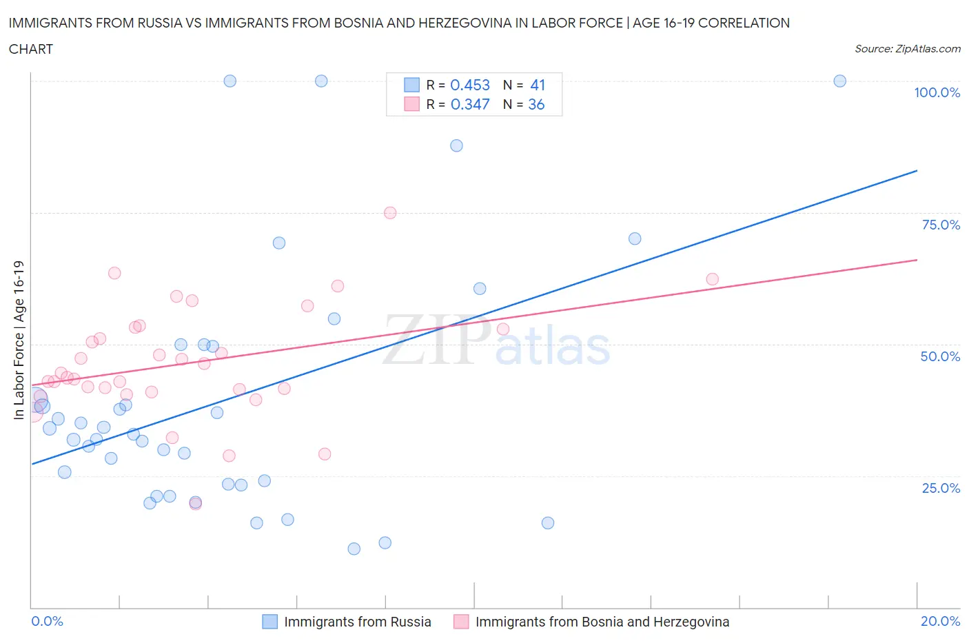 Immigrants from Russia vs Immigrants from Bosnia and Herzegovina In Labor Force | Age 16-19