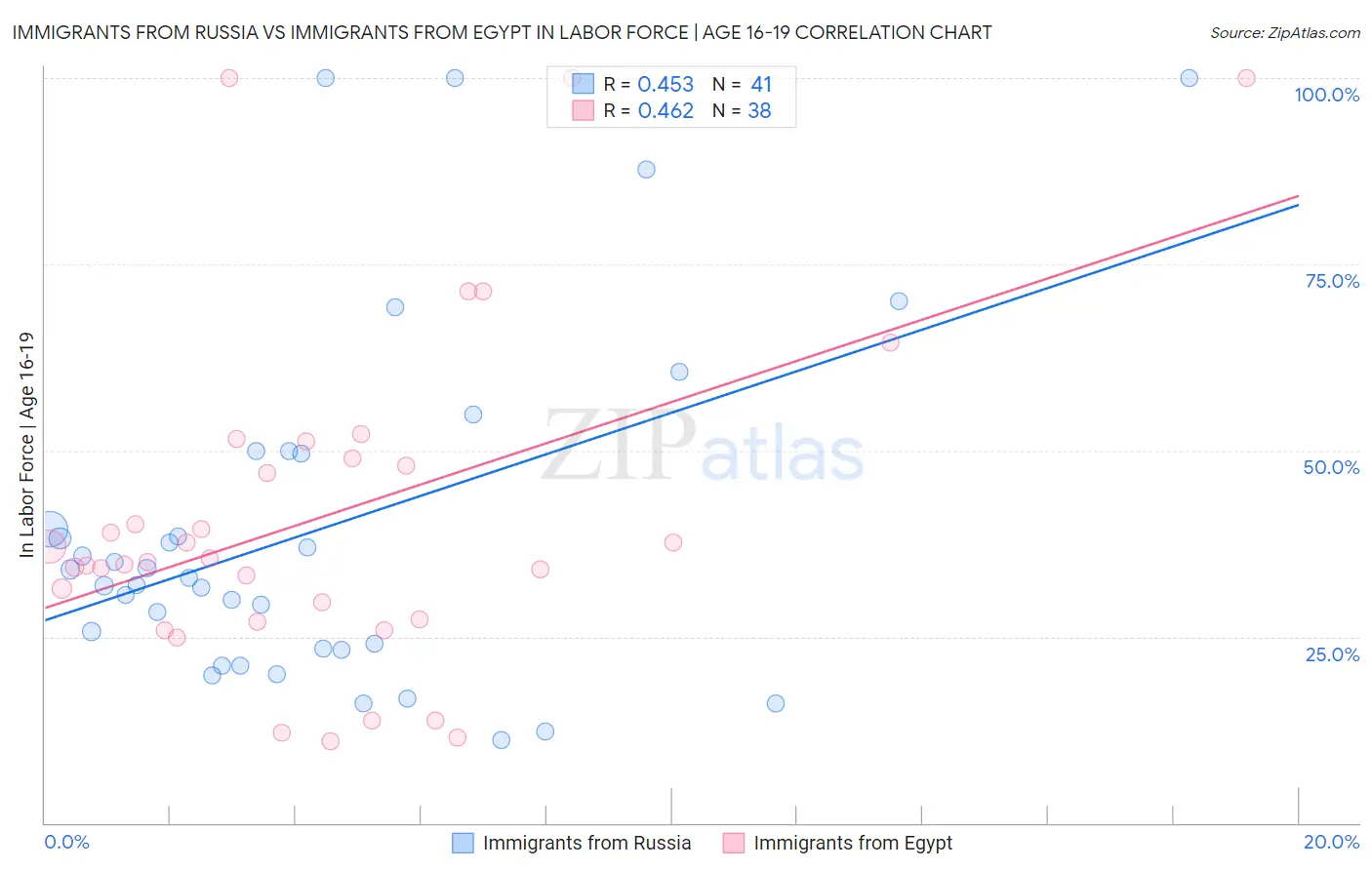 Immigrants from Russia vs Immigrants from Egypt In Labor Force | Age 16-19