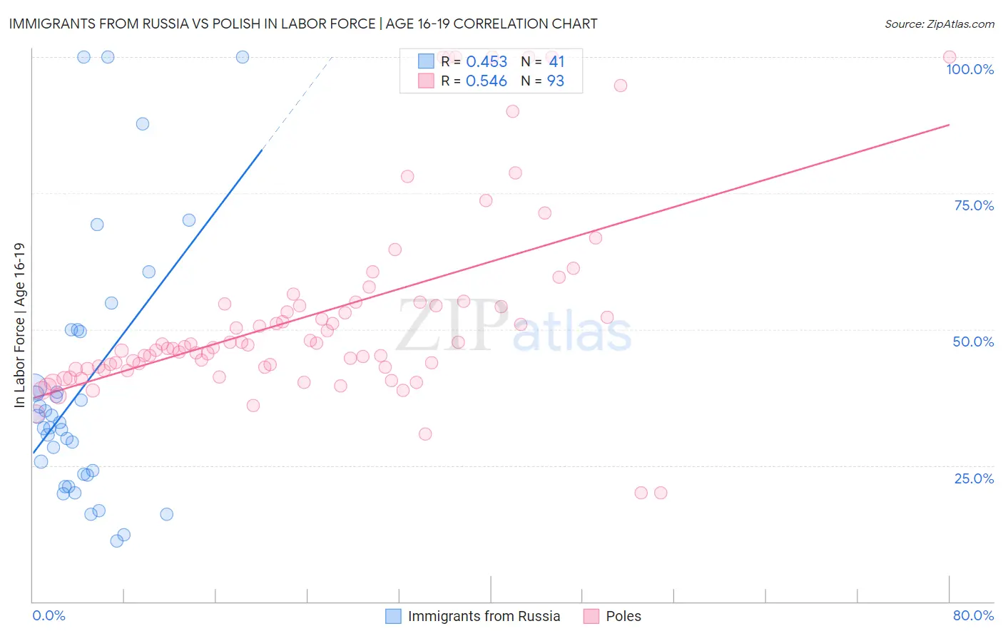 Immigrants from Russia vs Polish In Labor Force | Age 16-19