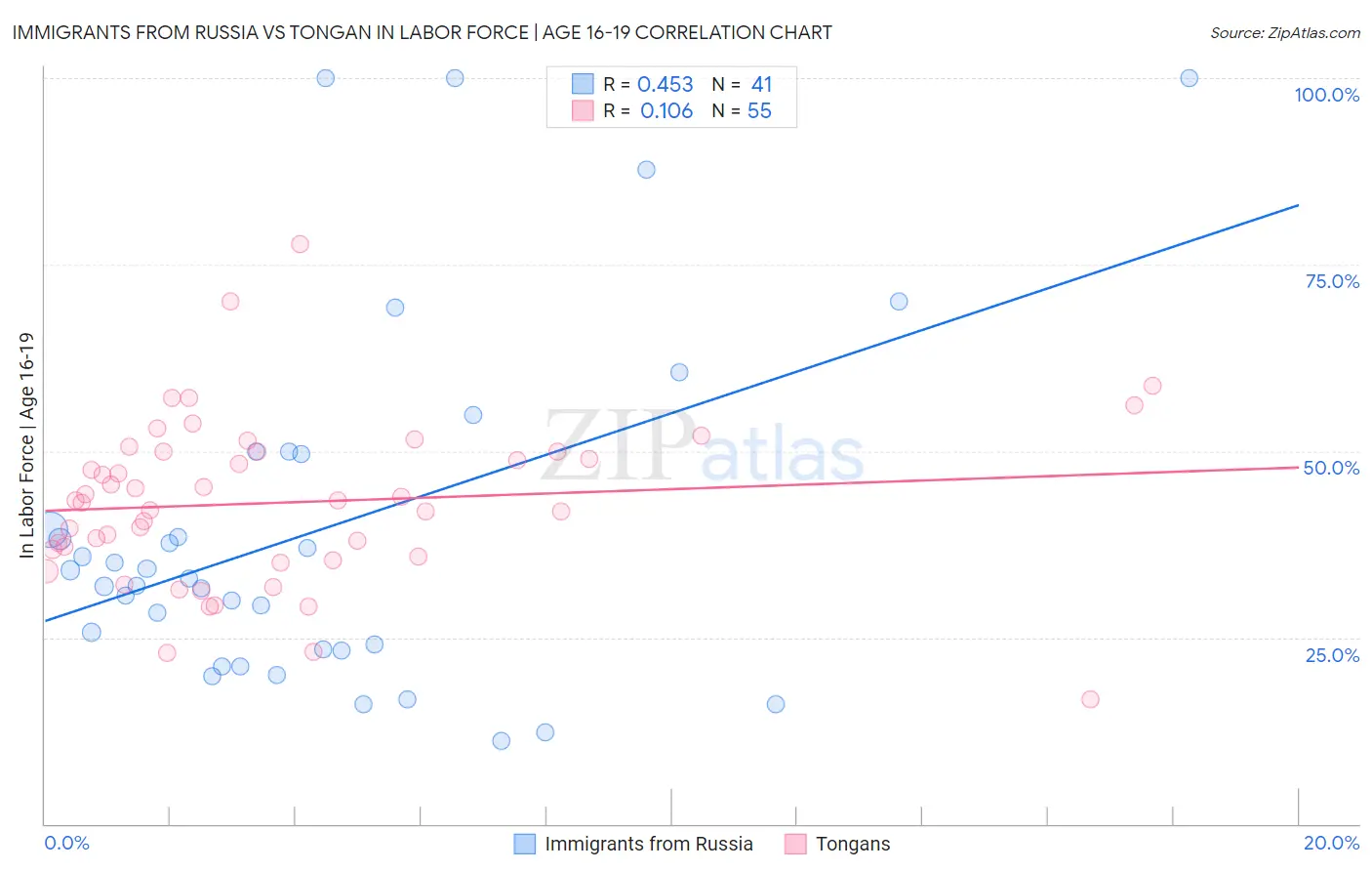 Immigrants from Russia vs Tongan In Labor Force | Age 16-19