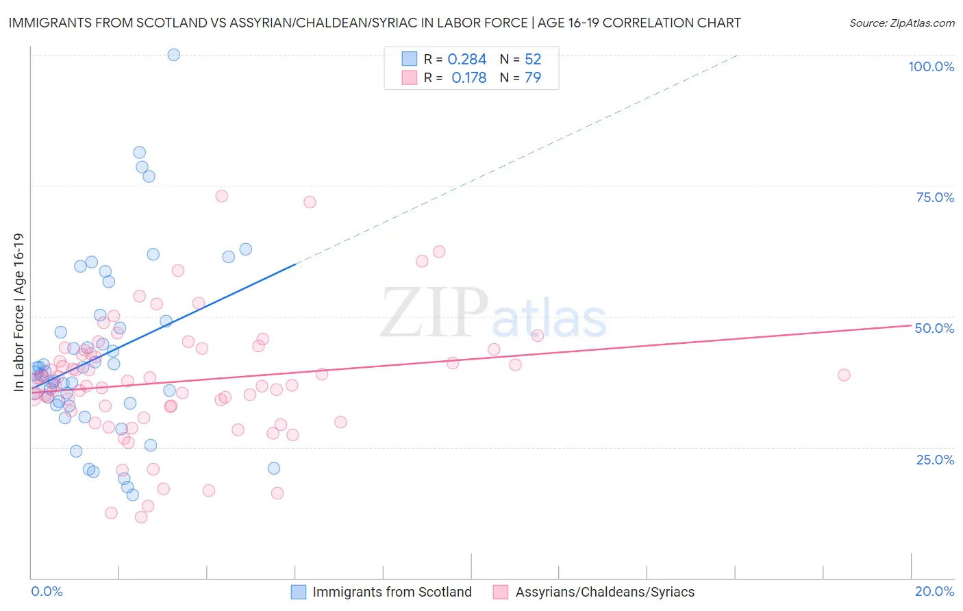 Immigrants from Scotland vs Assyrian/Chaldean/Syriac In Labor Force | Age 16-19