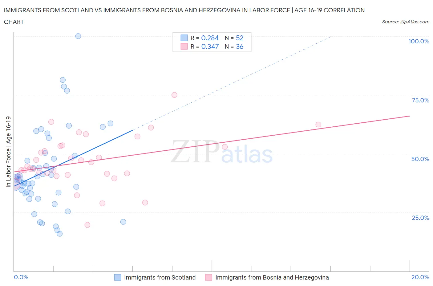 Immigrants from Scotland vs Immigrants from Bosnia and Herzegovina In Labor Force | Age 16-19